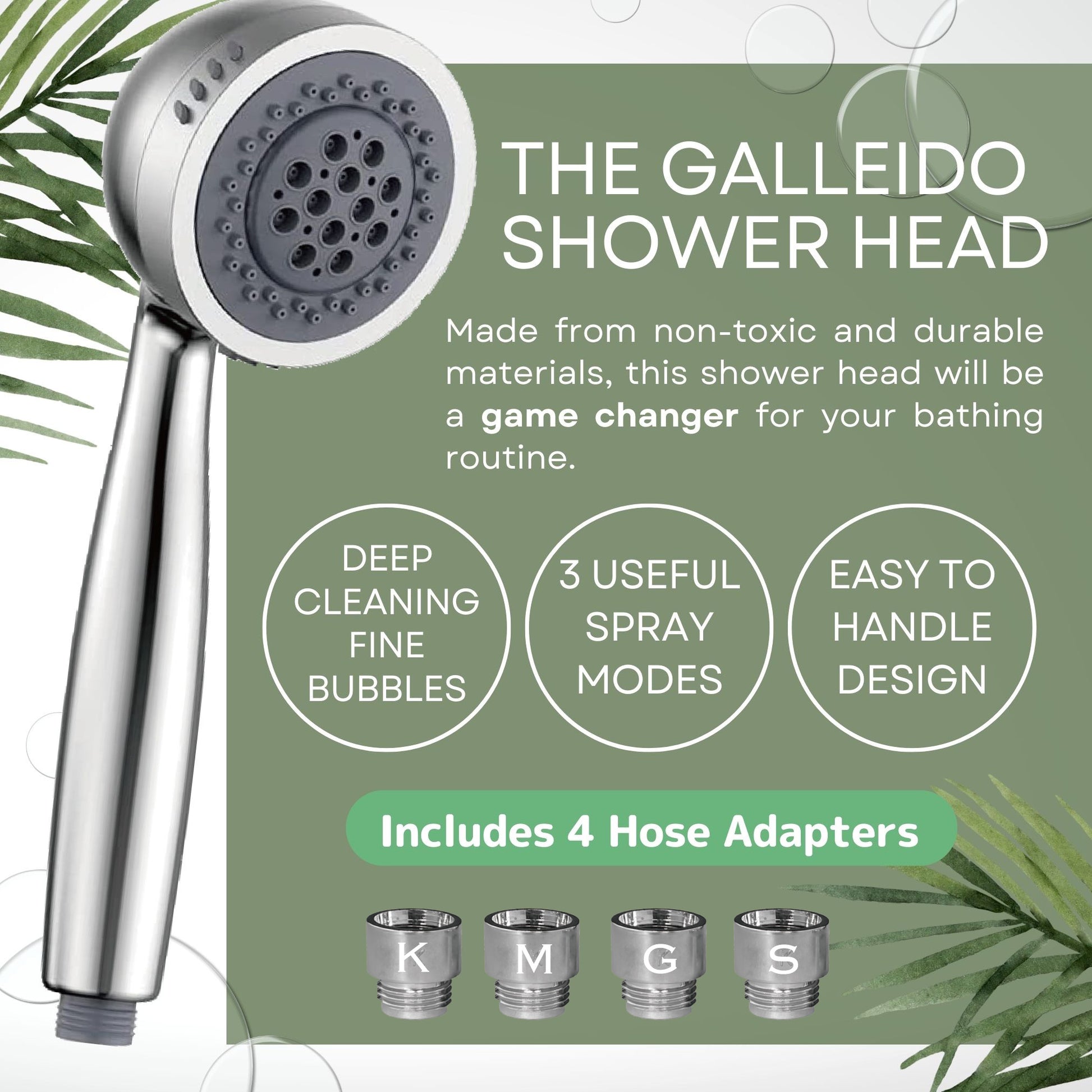 Chrome silver GALLEIDO Shower Head graphic explaining features such as the deep cleaning fine bubbles it creates, spray modes available and ergonomic handle